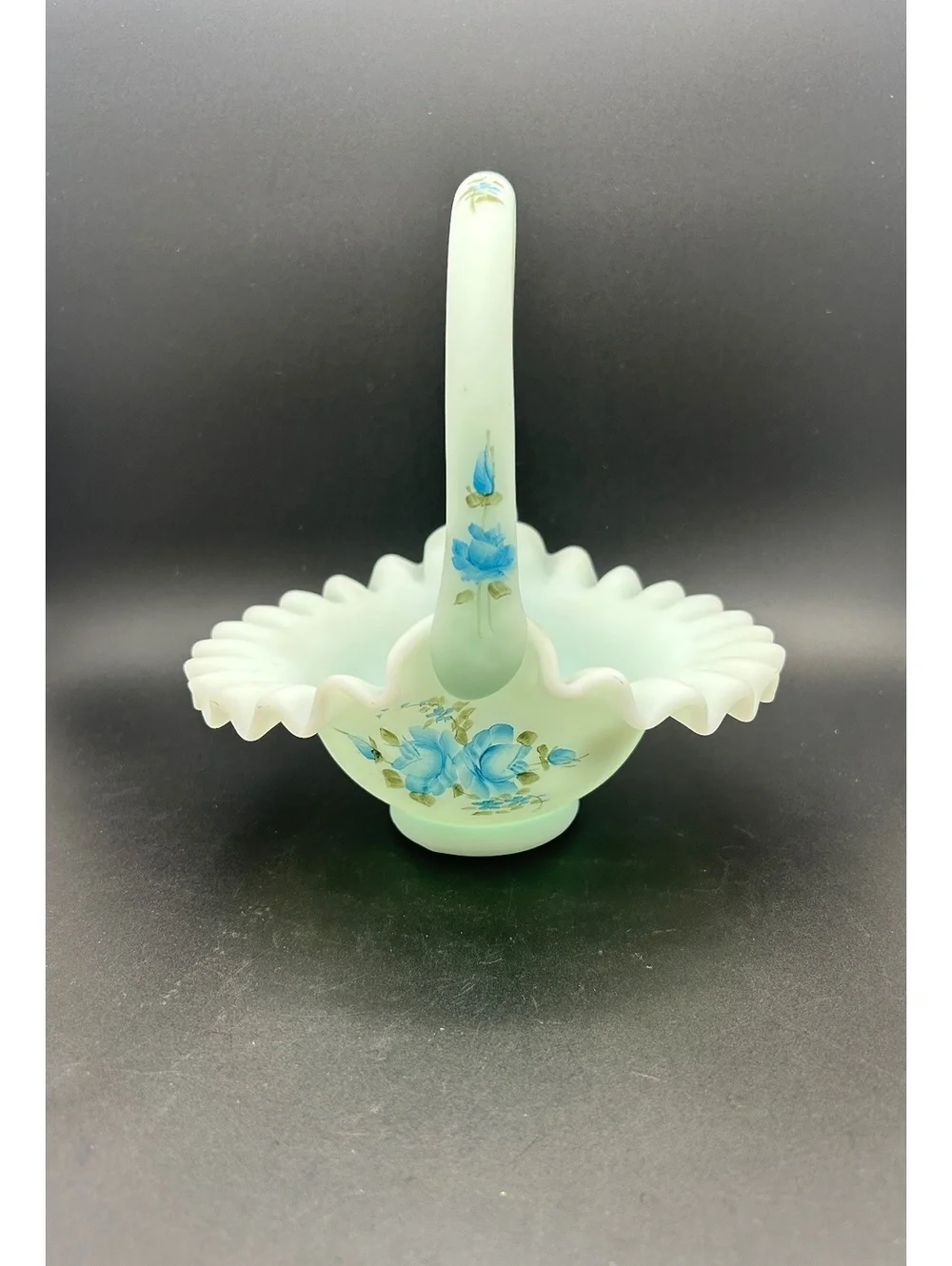 Fenton Light Blue Satin Ruffled Hand Painted Basket